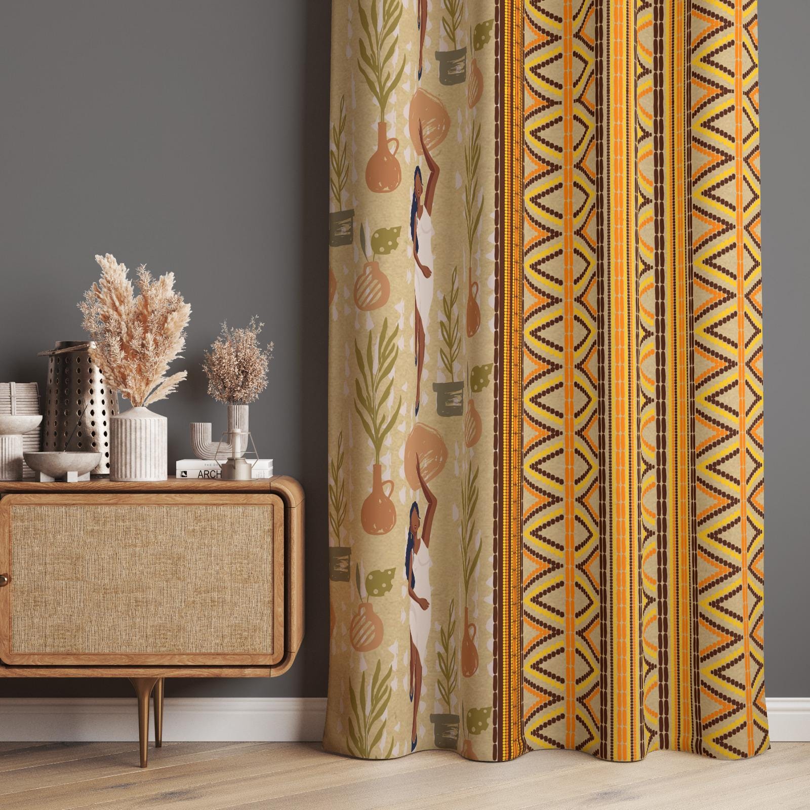 Boho African Woman Tapestry Curtains, Tribal Art Inspired Drapes, African Print Drapes, Yellow and Brown Tribal Pattern Curtain Panels