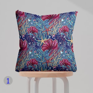 Coral & Starfish Pillow Cover, Undersea Garden Cushion Cover, Vintage Coral Pillow Cover, Coastal Coral Pillowcase, Nautical Pillowcases