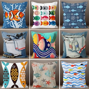 Nautical Pillow Case, Marine Fish Pillow Cover, Beach House Pillow Case, Colorful Fishes Home Decor, Beach Home  Pillows,