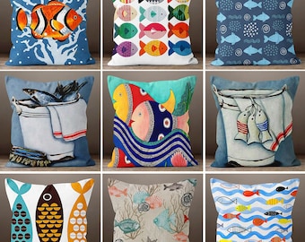 Nautical Pillow Case, Marine Fish Pillow Cover, Beach House Pillow Case, Colorful Fishes Home Decor, Beach Home  Pillows,