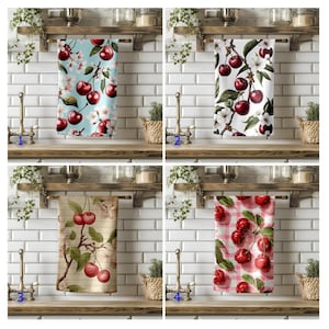 Cherry Blossom Tea Towel, Red Fruit Kitchen Towel, Gingham Farmhouse Dish Towel, Housewarming Gift, Chef Gift, Berry Decor
