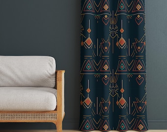 Dark Teal Aztec Curtain Panel, Geometric Tribal Window Drapes, Bohemian Decorative Curtain, Ethnic Home Decor Window Drapery
