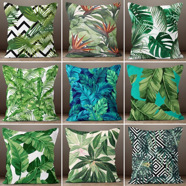 Housses d’oreiller tropicales vertes de palmier, housse d’oreiller décorative botanique noire, oreiller en feuille de cactus, housse de coussin anti-taches