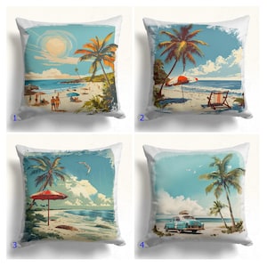 Tropical Beach Vibes Pillow Covers, Vintage Seaside Scene Pillowcases, Summer Vacation Decor Cushion Covers, Sunny Beach Pillow Cover