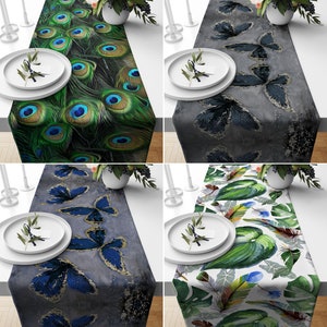 Animals Table Runner, Peacock Butterfly Kitchen Runners, Nature Tablecloths, Housewarming Gift, Green Plants Table Runner
