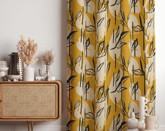 Mustard Yellow Botanical Pattern Curtains, Abstract Leaf Print Window Drapes, Modern Minimalist Plant Pattern Curtain Panels