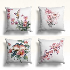Floral Bird Pillow Case, Flowers and Tree Branches Pillow Cover, Colorful Bird Cushion Case, Decorative Pillow Case, Housewarming Pillow