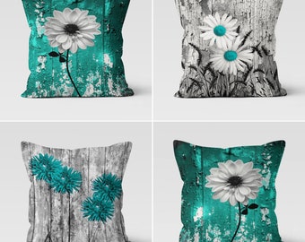 Floral Pillow Covers, Turquoise Throw Pillow Case, Summer Trend Cushion Cover, Grey Decorative Sofa Pillow, Housewarming Gift