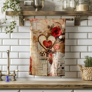 Set of 2, Shabby Chic Heart Tea Towel, Portrait Dish Towel, Grunge Heart Hand Towel, Floral Heart Tea Towel, Valentine's Day Dish Towels