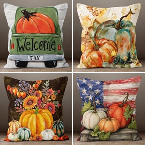 US Flag Patterned Home Decor, Fall Trend Pillow Cover, Floral Pumpkin Throw Pillow Top, Autumn Cushion Case, Housewarming Lumbar Pillowcase