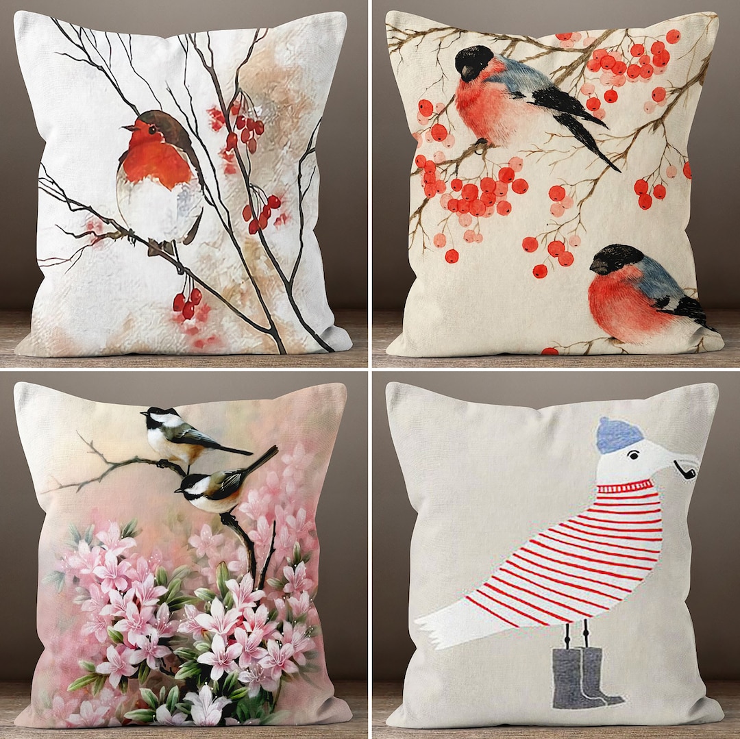 Red Bird Pillow Cover, Floral Bird Pillowcase, Birds on the Tree