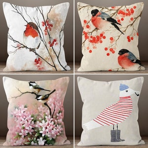 Red Bird Pillow Cover, Floral Bird Pillowcase, Birds on the Tree Decorative  Cushion Case, Housewarming Pillow, Farmhouse Porch Cushion Case