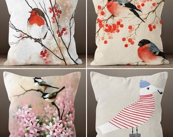 Red Bird Pillow Cover, Floral Bird Pillowcase, Birds on the Tree Decorative  Cushion Case, Housewarming Pillow, Farmhouse Porch Cushion Case