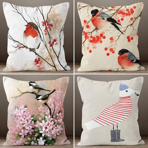 Red Bird Pillow Cover, Floral Bird Pillowcase, Birds on the Tree Decorative  Cushion Case, Housewarming Pillow, Farmhouse Porch Cushion Case