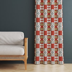 Navajo Inspired Tribal Pattern Curtain, Rust Red & Cream Window Panel, Bohemian Farmhouse Decor Drapery, Custom Modern Home Drape