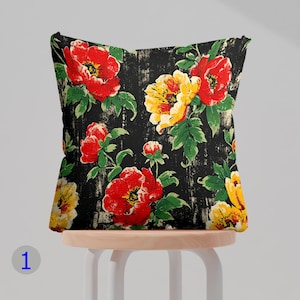 Vintage Floral Pillow Cover, Red & Yellow Flower Throw Pillow Cover, Decorative Botanical Cushion Case, Retro Chic Home Decor Pillowcases