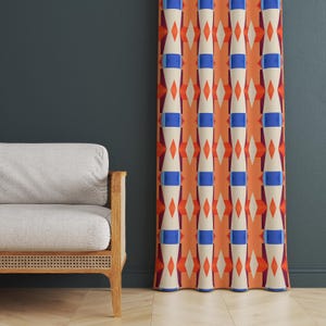 Orange Blue Geometric Window Curtains, Modern Abstract Patterned Drapes, Decorative Mosaic Lattice Panel for Bedroom Window Curtains