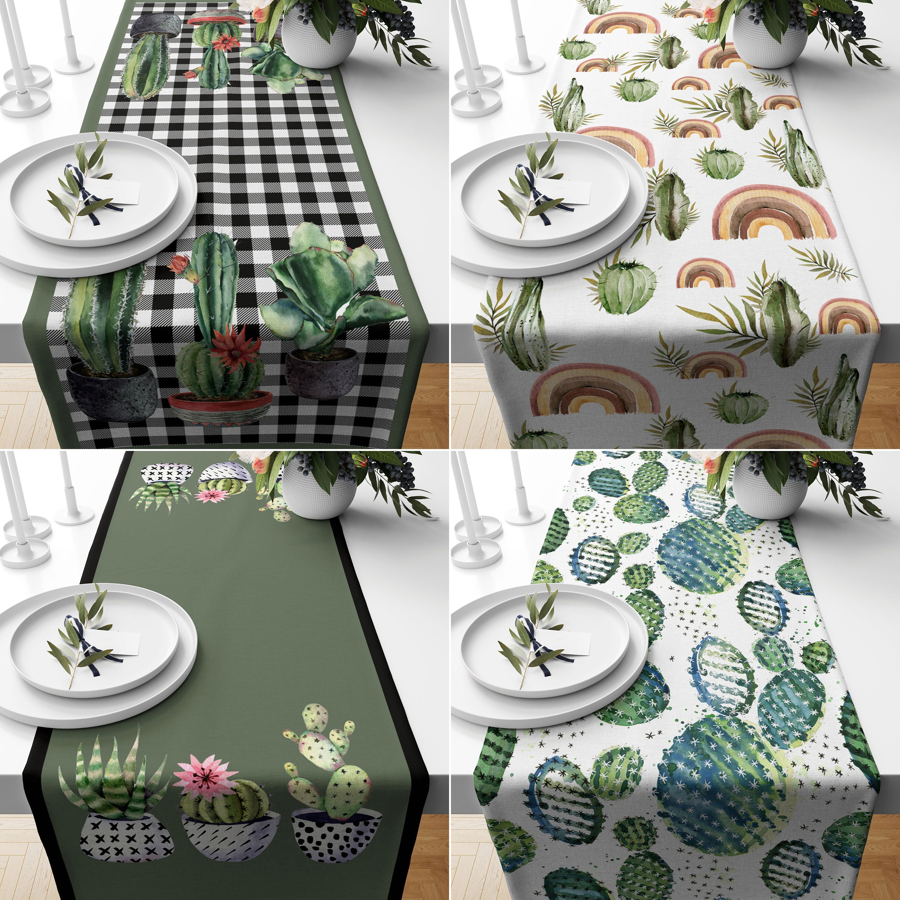 chemin de table cactus floral, chemin table cactus, chemins tables fermes, décors verts, nappes colorées