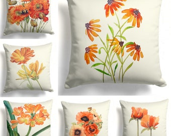 Orange Flowers Pillow Cover, Fall Trend Floral Cushion Cover, Colorful Bedroom Pillow, New House Gift, Farmhouse Decor, Patio Design Ideas