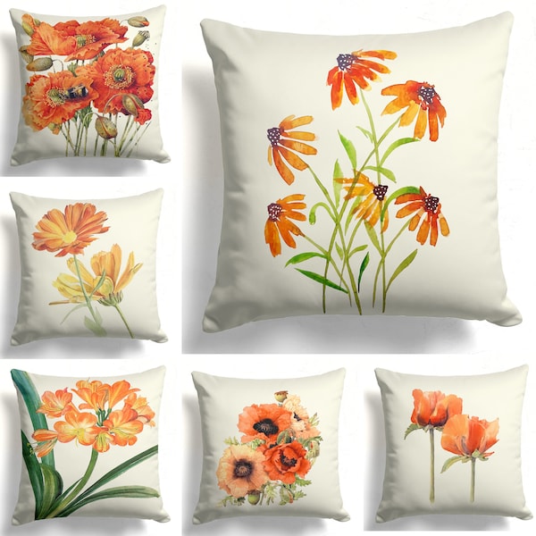 Orange Flowers Pillow Cover, Fall Trend Floral Cushion Cover, Colorful Bedroom Pillow, New House Gift, Farmhouse Decor, Patio Design Ideas