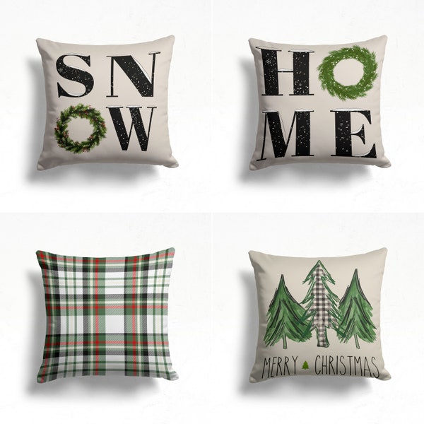Winter Trend Pillow Cover, Snow and Home Print Cushion, Cute Snowman Decor, Snowman Pine Tree and Snowflake Pillow, Cozy Christmas Decor
