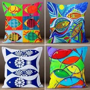 Nautical Pillow Case, Marine Fish Pillow Cover, Beach House Pillow Case, Colorful Fishes Home Decor, Decorative Home  Pillows