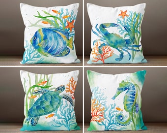 Nautical Beach House Pillow Cover, Starfish Pillowcase, Sea Turtle Pillow Cover, Sea Shell Throw Pillow, Coastal Decor, Housewarming Gift