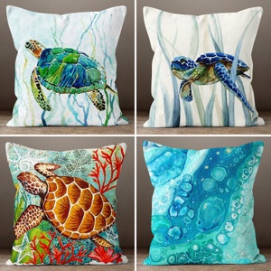Nautical Beach House Pillow Cover, Sea Turtle Pillow Cover Pillowcase, Blue Nautical Cushion, Throw Pillow, Coastal Decor, Housewarming Gift