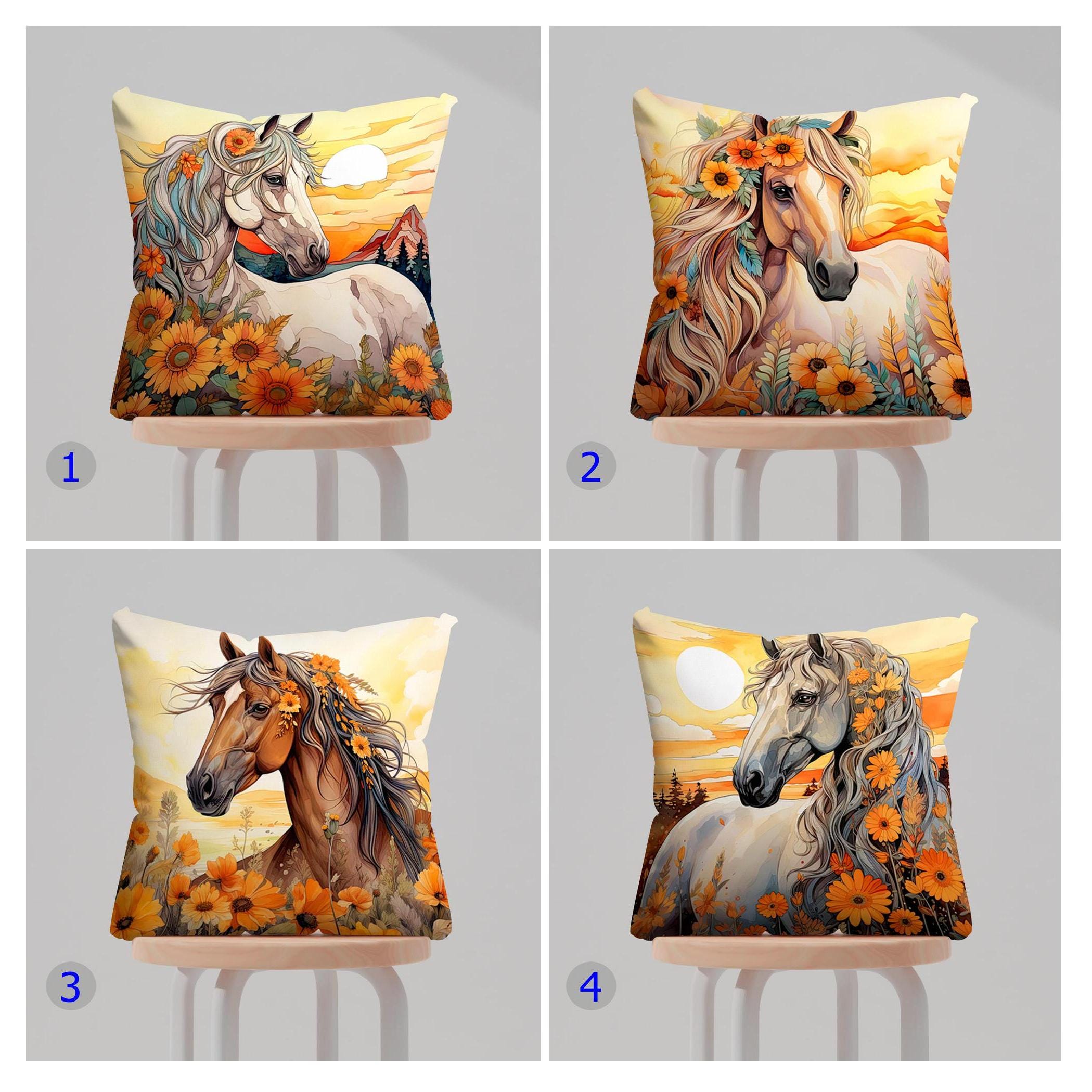 Horse & Sunflower Pillow Cover, Vintage Horse with Flowers Pillow Case, Sunflowers and Horses Cushion Covers, Horse and Floral Pillow Cover