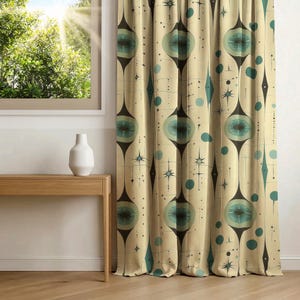 Mid-Century Modern Atomic Curtain: Retro Teal & Beige Geometric Drapes
