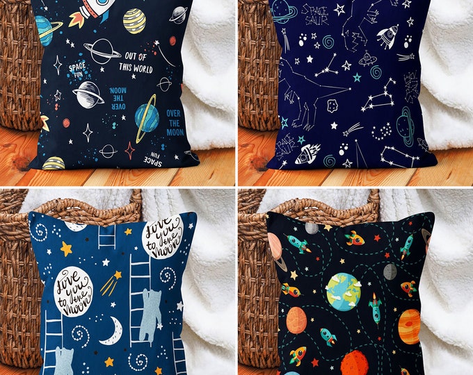 Planets Stars Cushion Cover, Kids Pillowcase, Space Themed Pillow Cover, Nursery Boho Bedding Decor, Housewarming Cushion, Gift for Kids