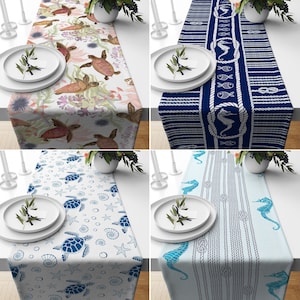 Blue Coastal Table Runner, Fish & Seahorse Runner, Sea Turtle, Sea Horse Aqua Table Decor, Housewarming Gifts, Dining Room New Home Gift