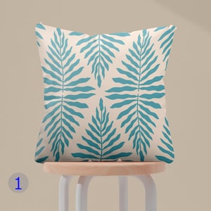 Tropical Leaf Pillow Cover, Teal Palm Leaf Cushion Cover, Botanical Leaf Pillow Cover, Natural Palm Leaf Pillowcase, Leaf Art Pillowcase