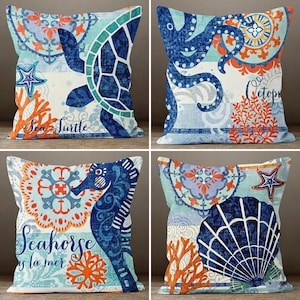 Nautical Seahorse Whale Octopus Turtle Pillow Cases, Coastal Cushion Covers, Blue Orange Throw Pillow, Turquoise Ocean Sea Home Gift