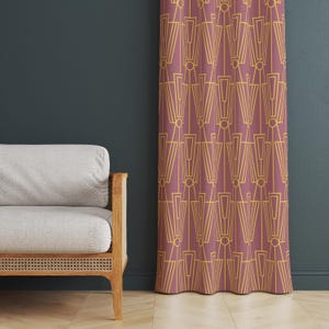 Art Deco Print Curtain, Geometric Gold Pattern Drapes, Rose Pink Window Treatment, Glamorous Home Decor Panel, Unique Printed Drapery