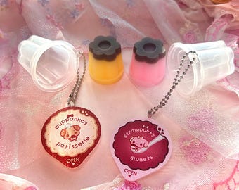 puppanko and strawpurt squishy pudding trinket charms / fidget keychain