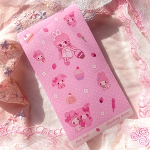 Kawaii pink strawberry bunnies and sweets deco sticker sheet  / accessory / bullet journal