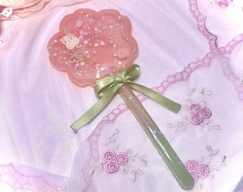 pink and green sakura flower kitty resin shaker wand / heisei retro decor / accessory
