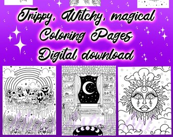 Trippy Witchy coloring pages, magical coloring pages, digital download coloring sheets, celestial coloring book, procreate coloring sheets