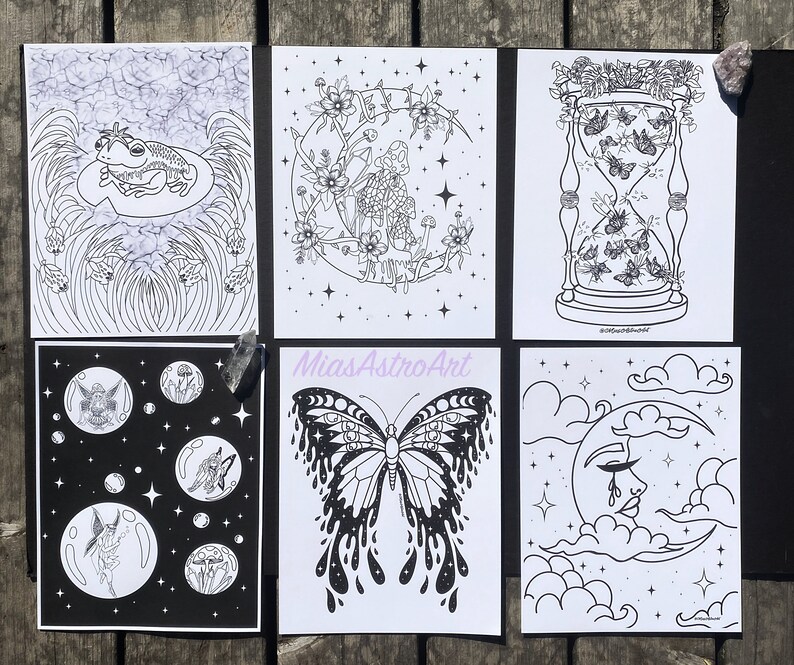 May include: Set of six black and white printable coloring pages featuring whimsical illustrations of a frog, a butterfly, a moon, an hourglass, and fairies. The illustrations are perfect for adults and children who enjoy coloring.