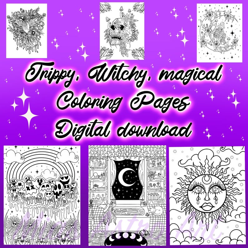 May include: A set of six black and white digital coloring pages with a trippy, witchy, magical theme. The pages feature a skull with crystals, a rainbow with dripping faces, a moonlit bathroom, a sun and moon face, and two other designs.