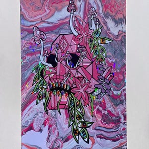 Impresión holográfica de arte Pink Crystal Skull, cartel Trippy, colgante de pared psicodélico, impresión de arte holográfico