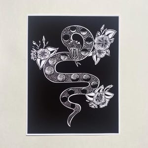 Lunar Phase Snake art print, snake art print, moon phases wall decor, gothic wall decor