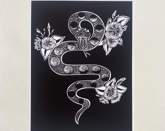 Lunar Phase Snake art print, snake art print, moon phases wall decor, gothic wall decor