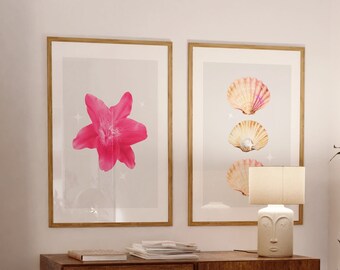 Juego de 2 impresiones artísticas de pared para dormitorio universitario, con diseño de conchas marinas y flores rosas de playa costera, estilo Y2K, pósteres florales de moda para dormitorio de verano.