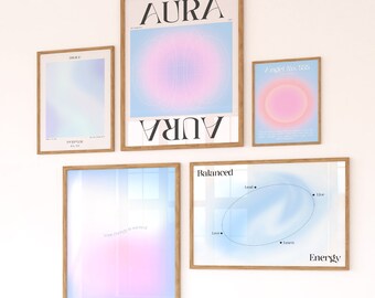 May include: A collection of five framed prints with abstract designs in shades of pink, blue, and white. The prints feature text such as "Aura", "Balanced", and "Energy".