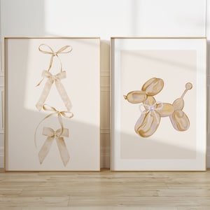 Set of 2 Beige Coquette Bows Trendy Dorm Nursery College Room Wall Art Set, Preppy Pastel Neutral Digital Printable Dorm Apartment Posters