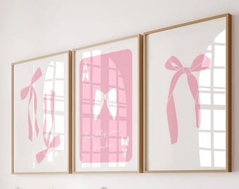 3er Set Kokette niedliche rosa Bögen Wohnheim Trendy Wohnung Wandkunst Drucke, adrette feminine Spielkarte rosa DIGITAL DOWNLOAD Drucke