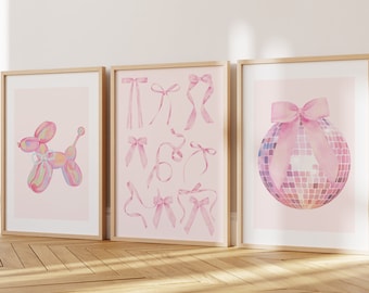 3er Set Coquette Pink Bögen Disco Ball Trendige druckbare Galeriewand, Girly Preppy Pink Studentenwohnheim Zimmer Wohnung Kinderzimmer Dekor Poster Digital Art
