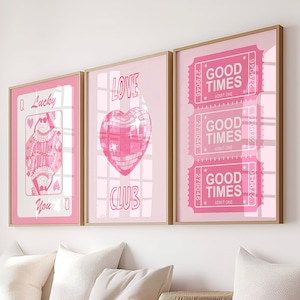 Juego de 3 impresiones de arte de pared de estilo preppy coquette en color rosa, decoración de discoteca retro y divertida para dormitorio, talón de boletos de naipes Good Times, impresiones con DESCARGA DIGITAL
